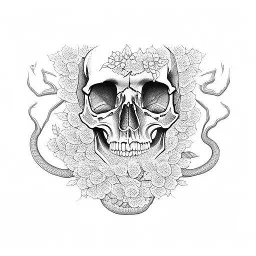 skull amongst cherry blossums and maple leaves with a snake through it  tattoo design idea