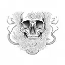 skull amongst cherry blossums and maple leaves with a snake through it  tattoo design idea