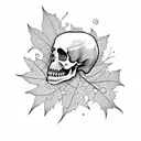 skull amongst cherry blossums and maple leaves with a snake through it  tattoo design idea