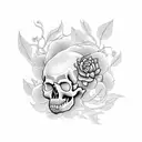 skull amongst cherry blossums and maple leaves with a snake through it  tattoo design idea