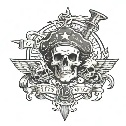 American Revolution with skulls and guns and ships and with the numbers 1776 and 13 on scrolls tattoo design idea