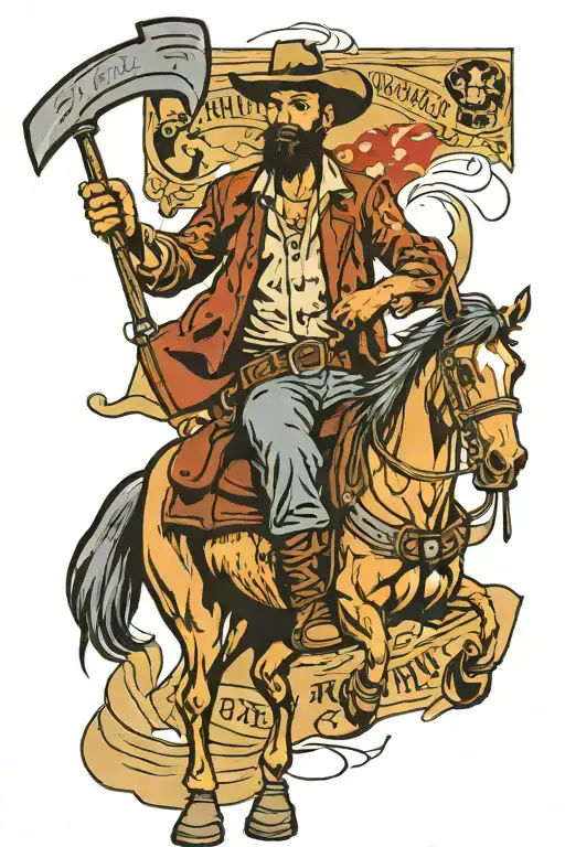 Achmeed the dead terrorist on a fat exhausted horse, wearing a cowboy hat, and holding a martinez carpenters hammer tattoo design idea