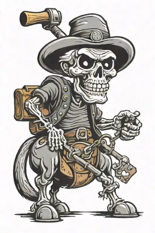 Achmed the dead terrorist on a fat exhausted horse, wearing a cowboy hat, and holding a martinez carpenters hammer tattoo design idea