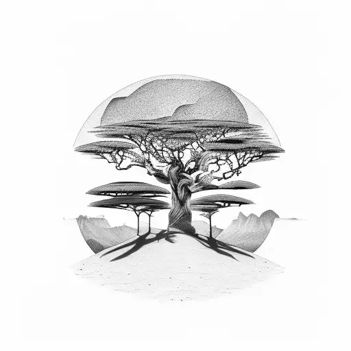 Africa Outline, Acacia Tree, Geometric lines tattoo design idea