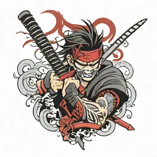 Japanese style forearm tattoo with Hanya mask and katana in black and red tattoo design idea