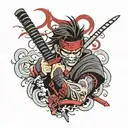 Japanese style forearm tattoo with Hanya mask and katana in black and red tattoo design idea