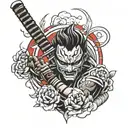 Japanese style forearm tattoo with Hanya mask and katana in black and red tattoo design idea