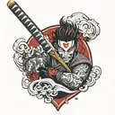 Japanese style forearm tattoo with Hanya mask and katana in black and red tattoo design idea