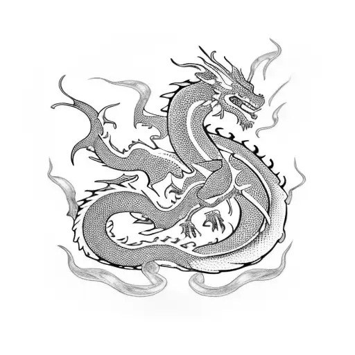A blackwork tattoo of a dragon and a car engine intertwined tattoo design idea