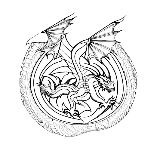 A blackwork tattoo of a dragon and a car engine intertwined tattoo design idea
