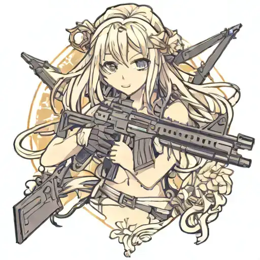 cute girl with long hair and a machine gun in her hands tattoo design idea