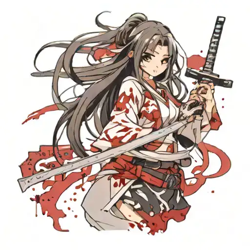cute girl with long hair and a katana in her hands, covered in blood tattoo design idea