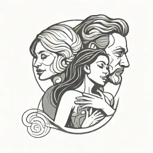 A modern abstract tattoo of a mother, father, and daughter embracing in a circular shape, symbolizing their eternal love and support for each other tattoo design idea