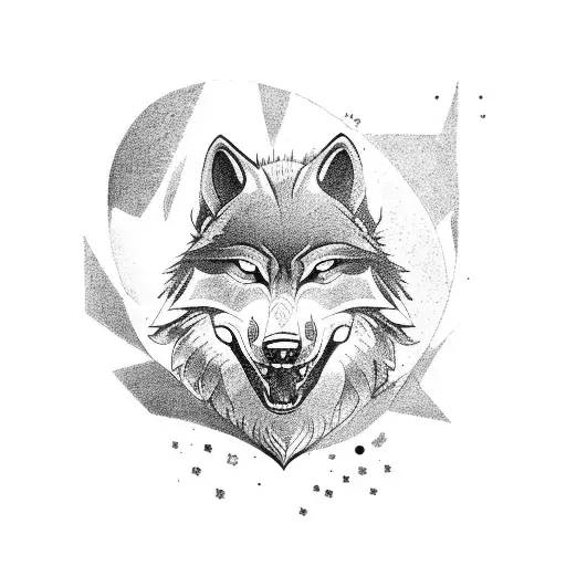 A fierce wolf driving a vintage car through a tropical forest tattoo design idea