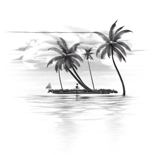 A tropical island with palm trees and a sunset, reflected on a shiny car hood tattoo design idea