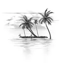 A tropical island with palm trees and a sunset, reflected on a shiny car hood tattoo design idea