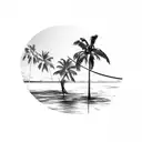 A tropical island with palm trees and a sunset, reflected on a shiny car hood tattoo design idea