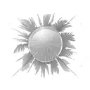 A tropical island with palm trees and a sunset, reflected on a shiny car hood tattoo design idea