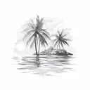 A tropical island with palm trees and a sunset, reflected on a shiny car hood tattoo design idea