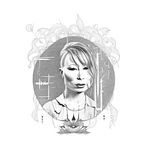 A blackwork tattoo of Tori Amos with lyrics from her favorite song incorporated into the design tattoo design idea