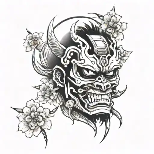 A futuristic car merging with a traditional Japanese oni mask, surrounded by cherry blossoms and thunder clouds tattoo design idea