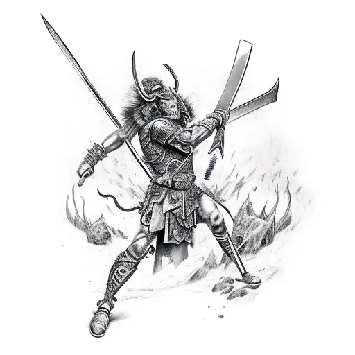 Warrior killing a demon with a spear  tattoo design idea