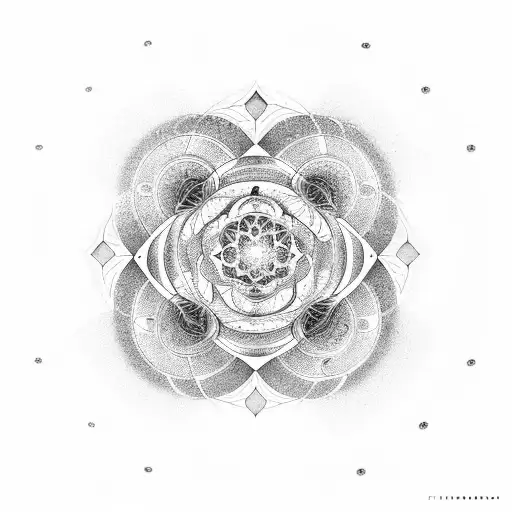 central motif of the Flower of Life surrounded by golden spirals representing the Fibonacci sequence, with pyramids  tattoo design idea