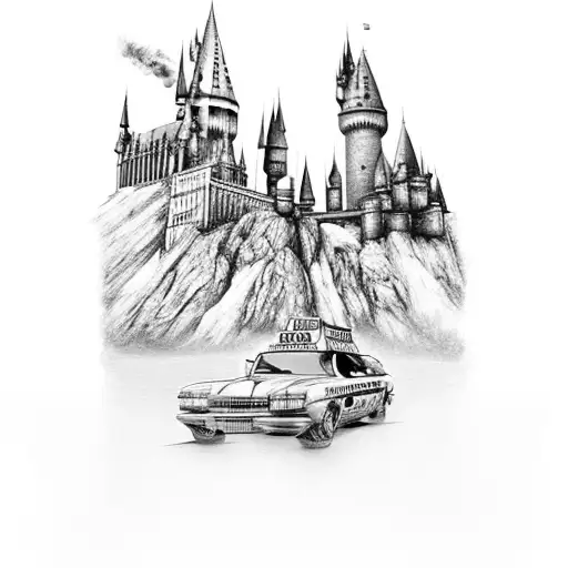 A black-grey tattoo of the Hogwarts castle surrounded by the iconic New York City yellow taxis tattoo design idea