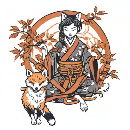 Kitsune fox female ninja in autumn leaves tattoo design idea