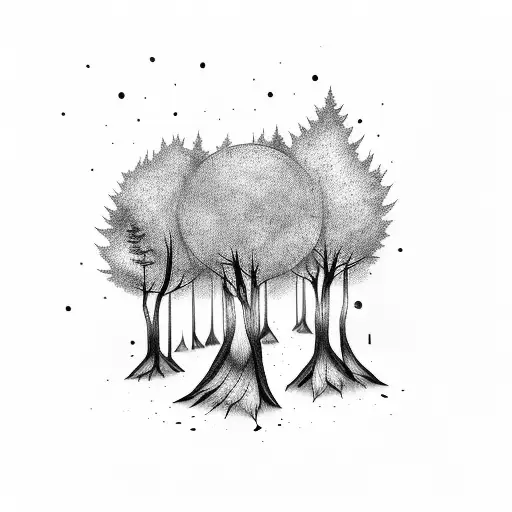 A moonlit forest with Taylor Swift lyrics intertwined in the trees tattoo design idea