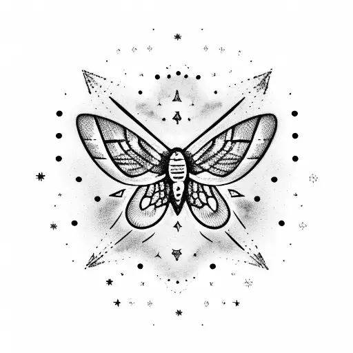 A night sky filled with Taylor Swift lyrics forming constellations, with a moth flying among them tattoo design idea