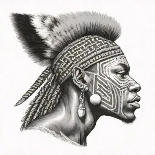 An African warrior with traditional face paint in dotwork style tattoo design idea