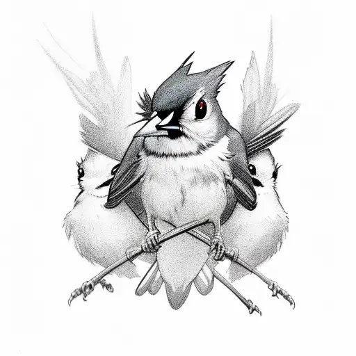 A group of 5 titmouse, two adults (mother and father) and three children. The father flies first, then the mother, after tattoo design idea