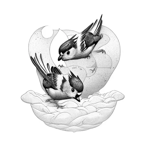 A group of 5 titmouse, two adults (mother and father) and three children. The father flies first, then the mother, after tattoo design idea