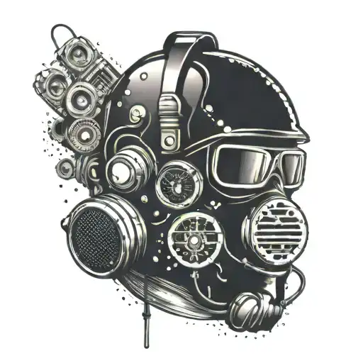 A welder's mask adorned with neon 80s music symbols like cassette tapes and boomboxes tattoo design idea