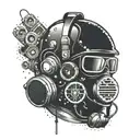 A welder's mask adorned with neon 80s music symbols like cassette tapes and boomboxes tattoo design idea