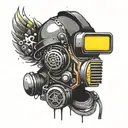 A welder's mask adorned with neon 80s music symbols like cassette tapes and boomboxes tattoo design idea