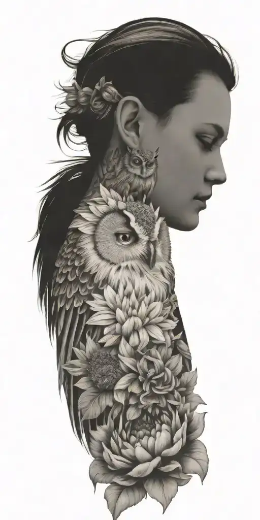 sunflower, peony flower, long ear owl, bumblebee  tattoo design idea