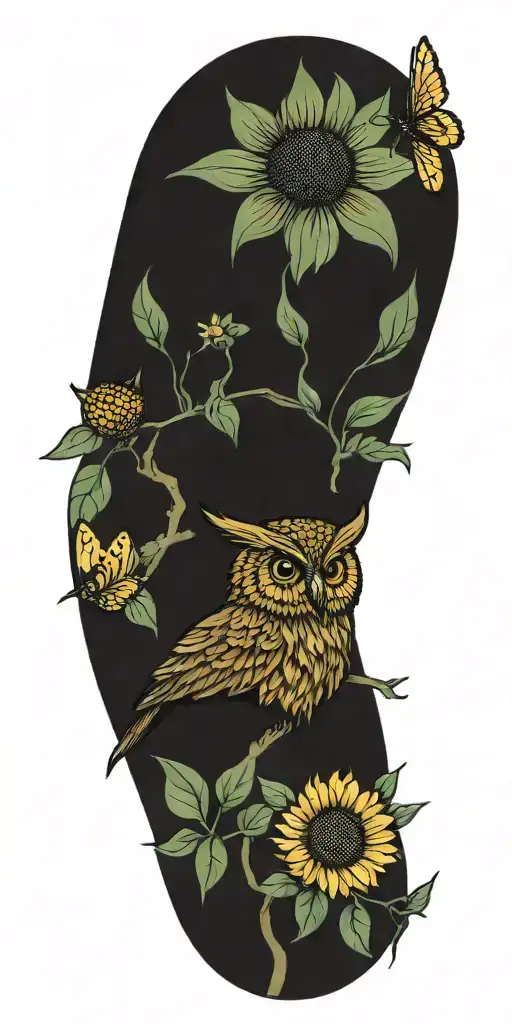 sunflower, peony flowers, long ear owl, bee  tattoo design idea