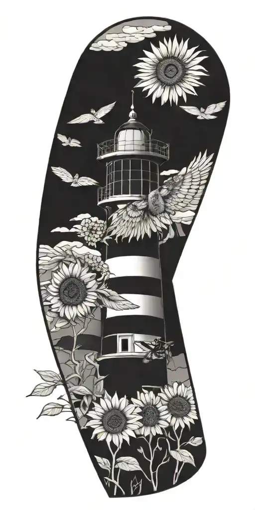 sunflower, bumblebee, long ear owl, mountains, light house tattoo design idea