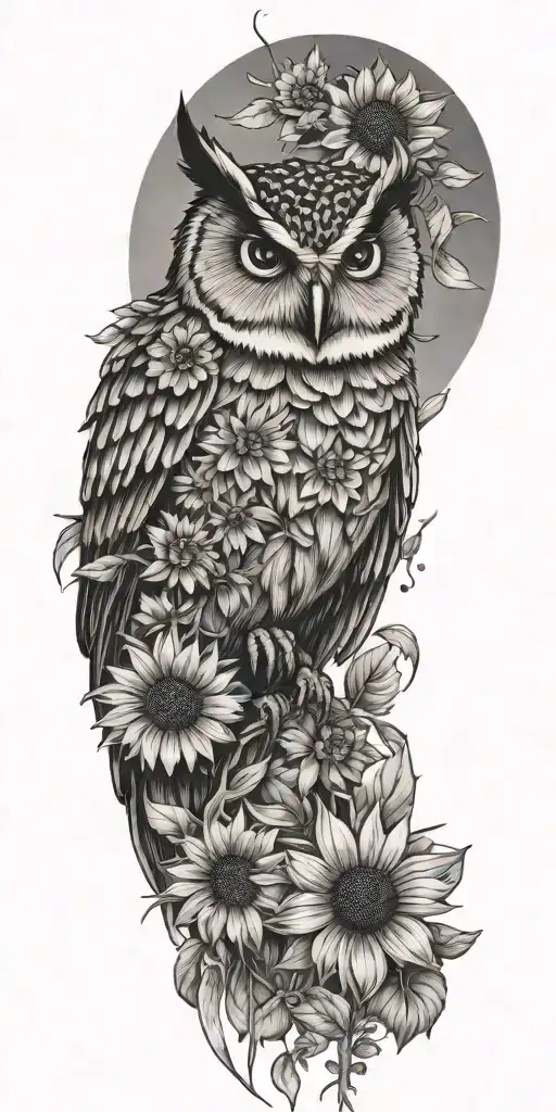 bumble bee, long ear owl, sunflowers tattoo design idea
