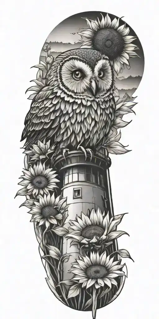 sunflower, bumblebee, long ear owl, mountains, light house  tattoo design idea