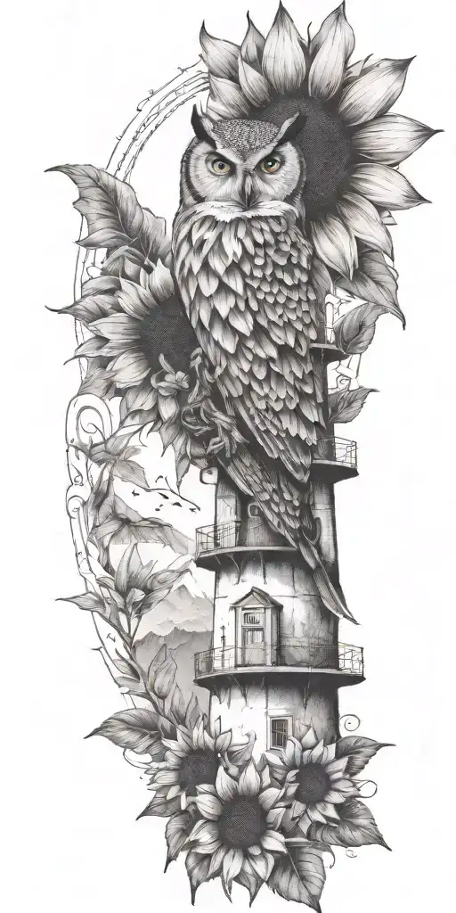 sunflower, bumblebee flying, long ear owl, mountains, light house  tattoo design idea