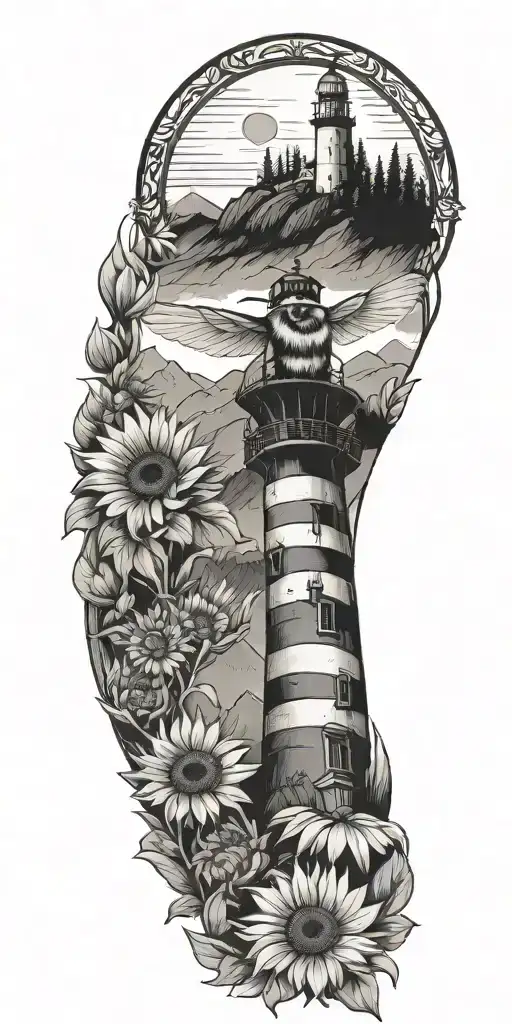 bumble bee flying, long ear owl, sunflowers, mountains, light house  tattoo design idea