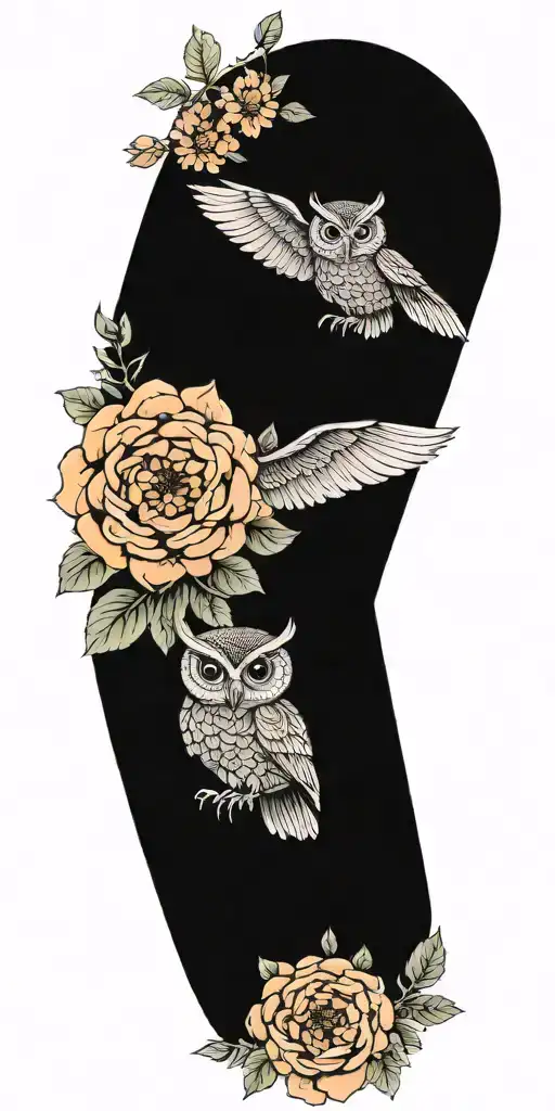 sunflower, peony flowers, long ear owl, bee  tattoo design idea