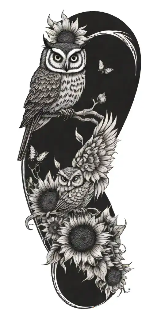 bumble bee, long ear owl, sunflowers tattoo design idea