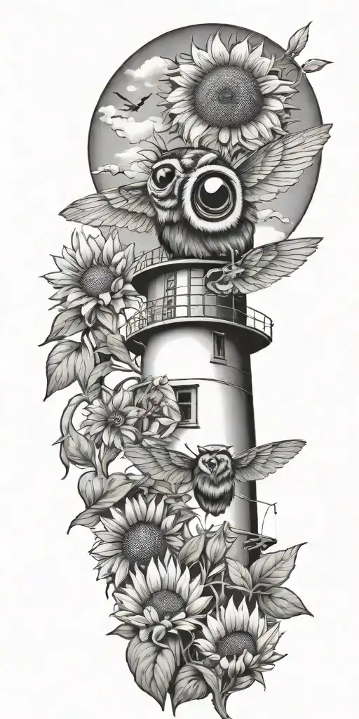 bumble bee, long ear owl, sunflowers, mountains, light house  tattoo design idea