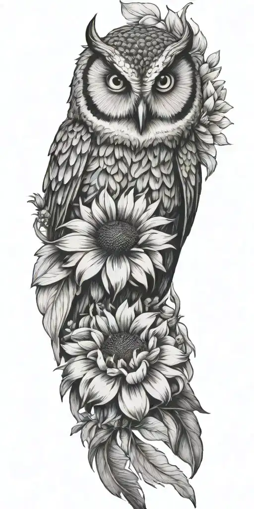 sunflower, peony flower, long ear owl, bumblebee  tattoo design idea