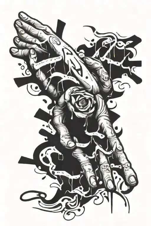 hands open with word unbreakable floating , while others letter fall from hands to ground , spelling hurt pain betrayal tattoo design idea