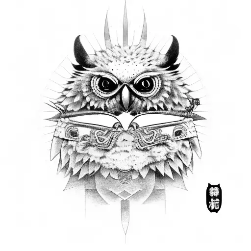 A buho wearing a samurai mask, representing the duality of justice and wisdom tattoo design idea